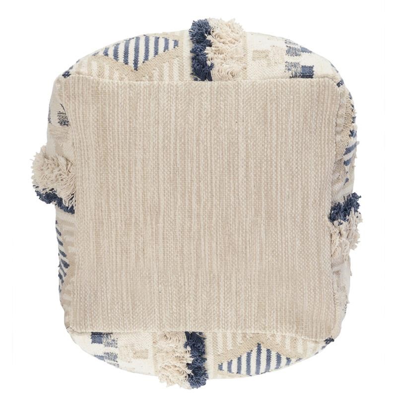 Fabric Pouf Ottoman with Woven Design and Fringe Details in Cream and Blue