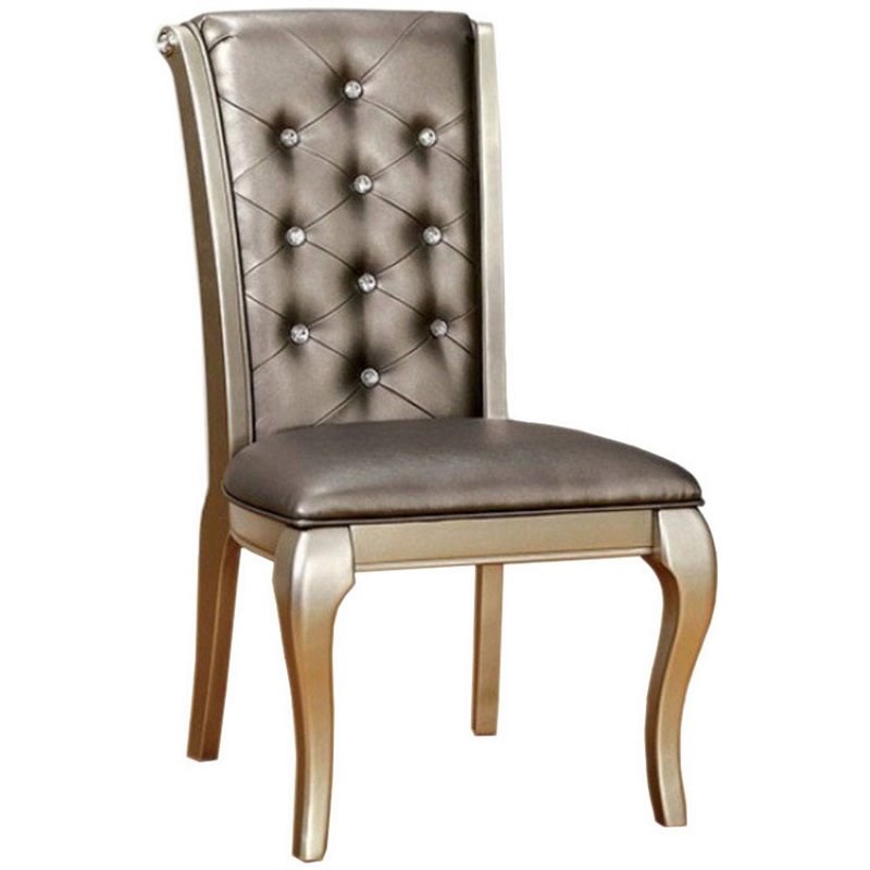 Leatherette Buttoned Side Chair with Cabriole Legs set of 2 in Gray & Gold