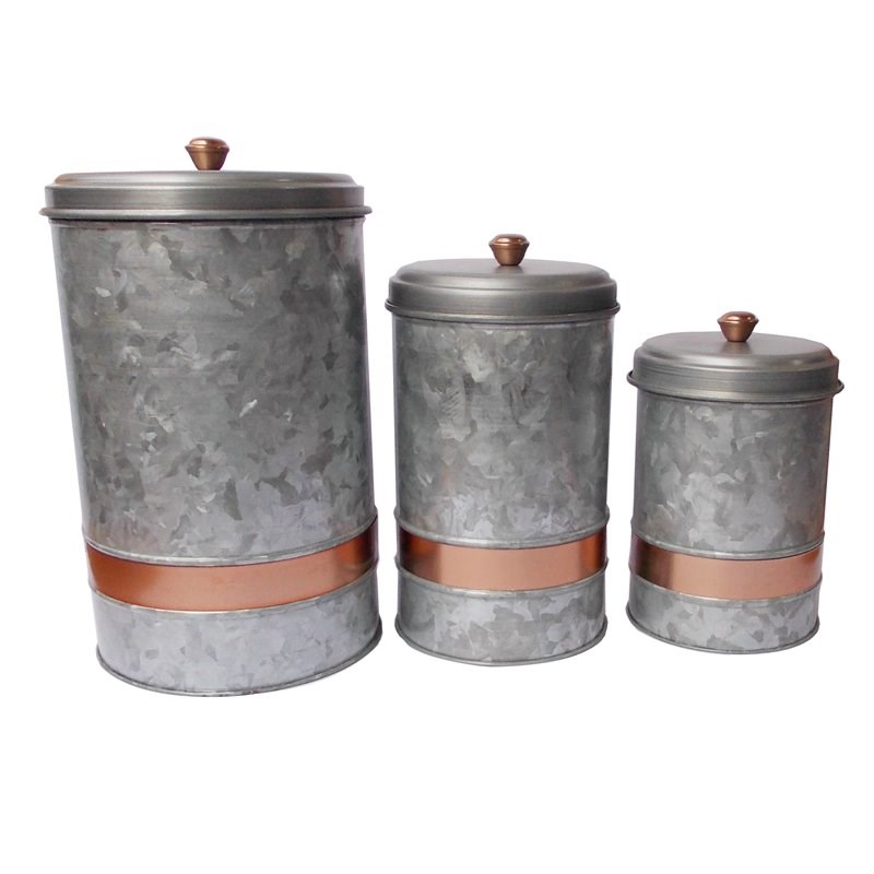 Benzara AMC0014 Galvanized Metal Lidded Canister Copper Band set of 3 in Gray