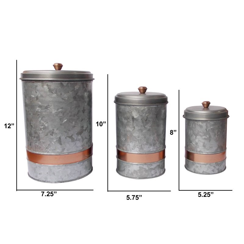 Benzara AMC0014 Galvanized Metal Lidded Canister Copper Band set of 3 in Gray