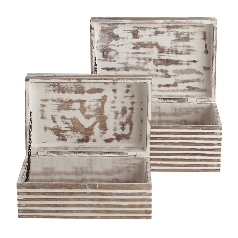 Block Stripe Pattern 2 Piece Rectangular Wooden Jewelry Box in Whitewash