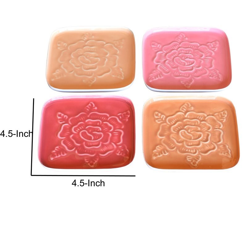 Metal Coaster with Embossed Rose Pattern with set of 4 in Pink
