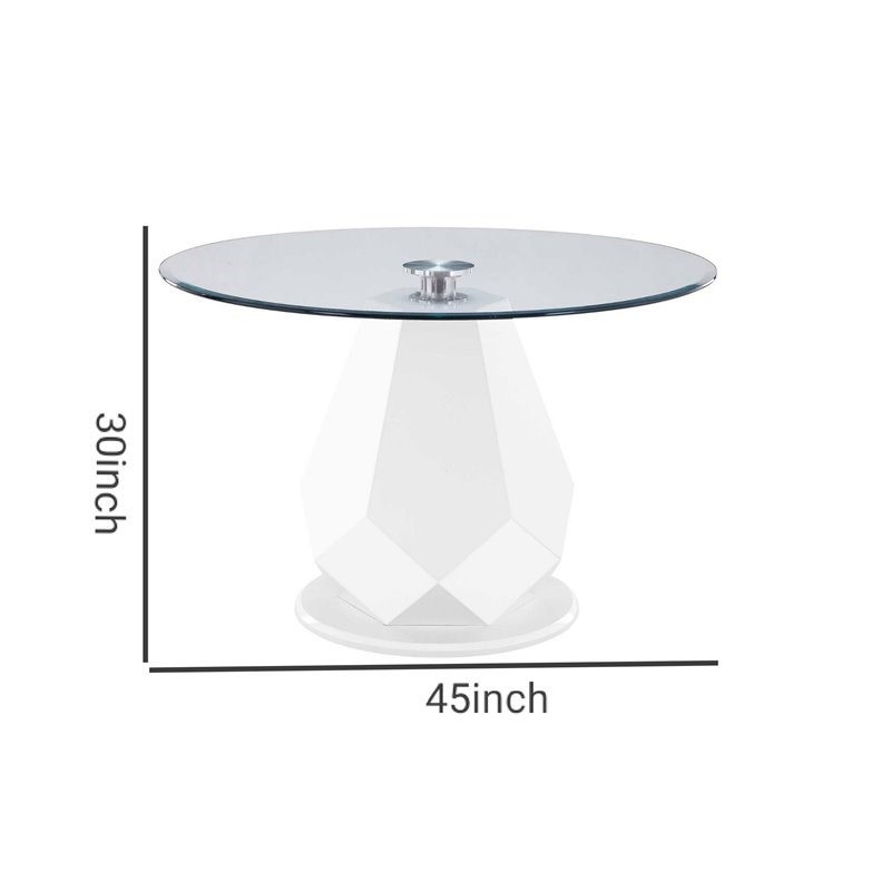 Glass Top Round Dining Table with Geometric Pedestal Base in White