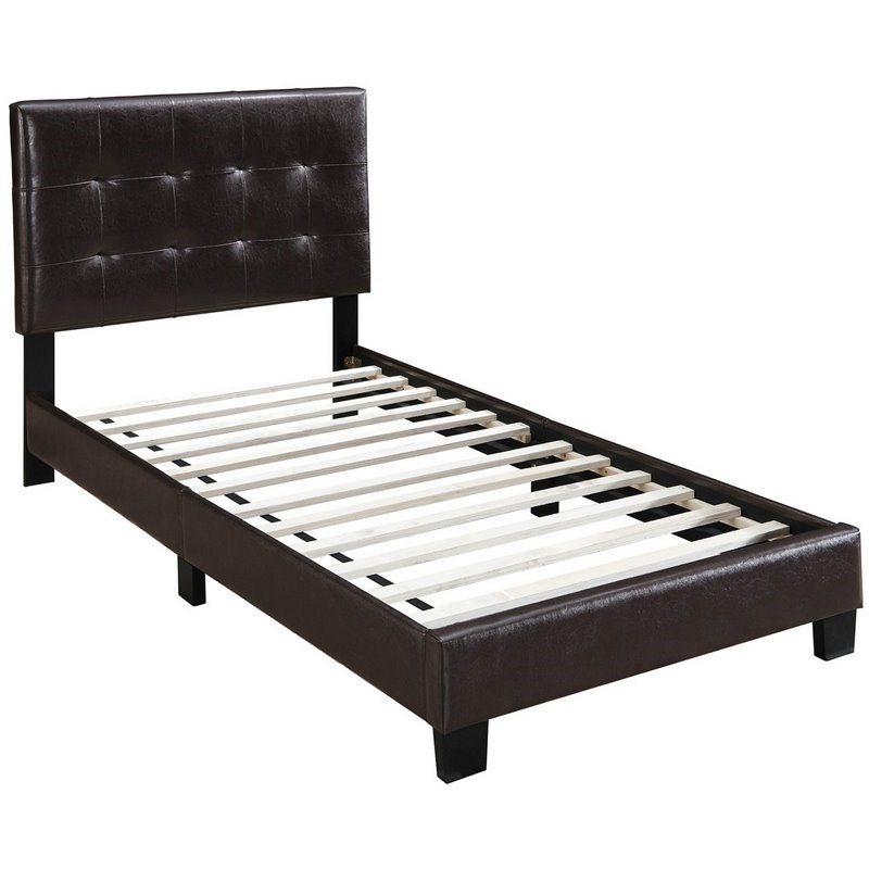 Twin Leatherette Bed with Checkered Tufted Headboard in Dark Brown