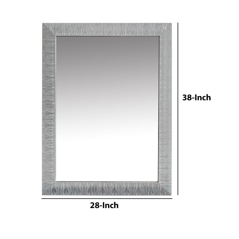 Wood Encased Wall Mirror with Striped Motif Edges and Shimmering Leaf in Gray