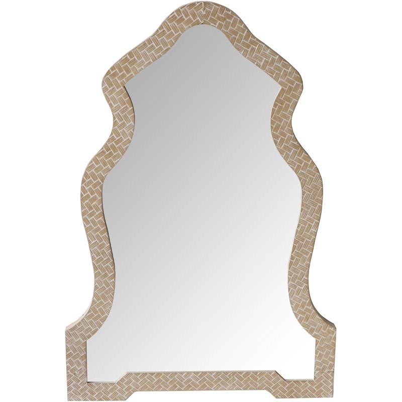Scalloped Top Wooden Framed Wall Mirror with Geometric Texture in Brown