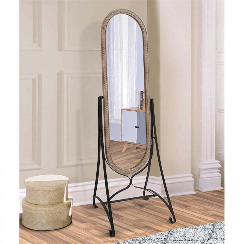 64 Inch Adjustable Cheval Mirror with Carved Wood Frame and Metal Stand-Brown