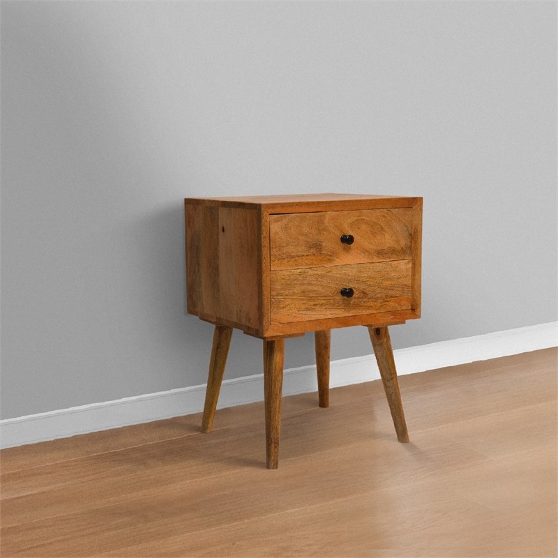Wooden Bedside Table with 2 Drawers and Angled Legs- Oak Brown