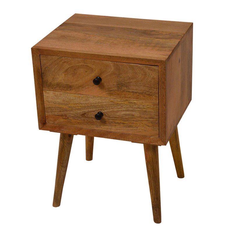 Wooden Bedside Table with 2 Drawers and Angled Legs- Oak Brown