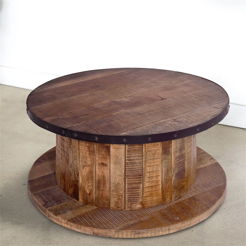 36 Inch Mango Wood Farmhouse Coffee Table with Rustic Style Round Top and Base