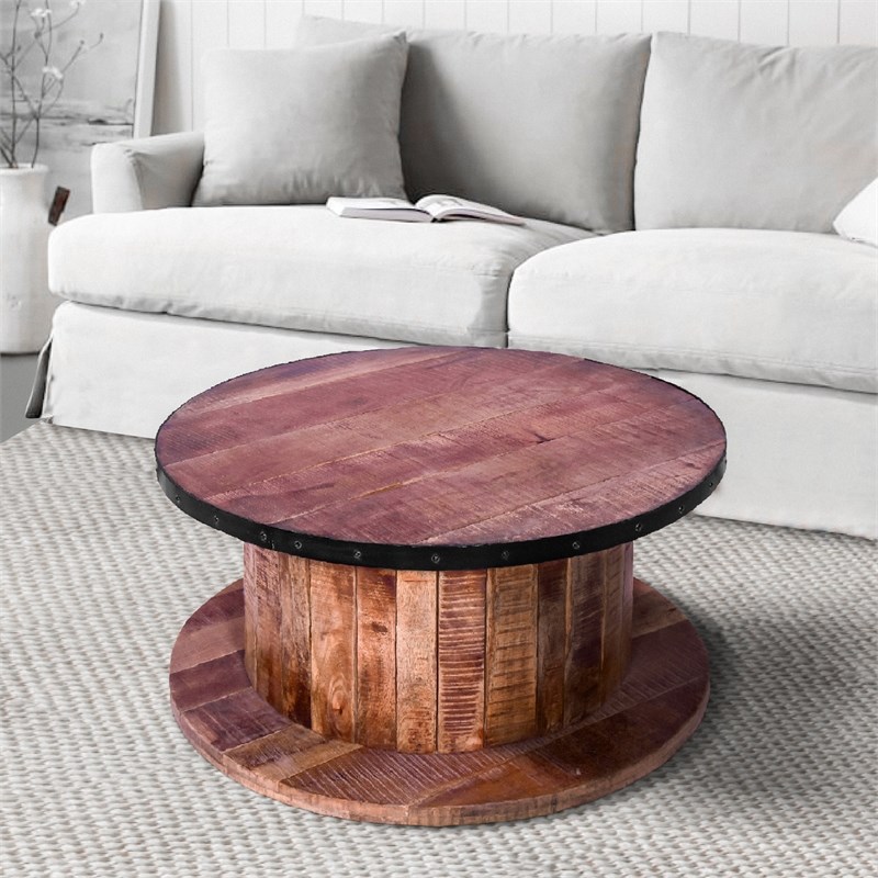 36 Inch Mango Wood Farmhouse Coffee Table with Rustic Style Round Top and Base