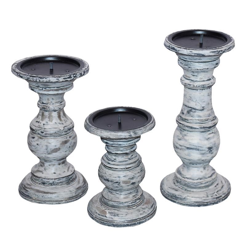 Wooden Candleholder with Turned Pedestal BaseDistressed White and Black