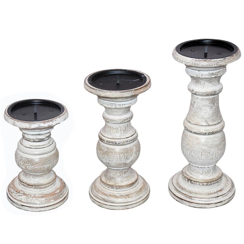 Wooden Candleholder with Turned Pedestal Base Set of 3 Distressed White