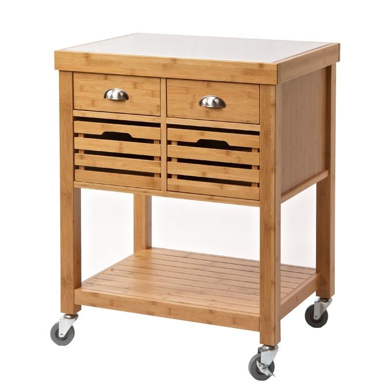36 Inch Bamboo Kitchen Cart Island- 2 Drawers- Stainless Steel Top- Brown