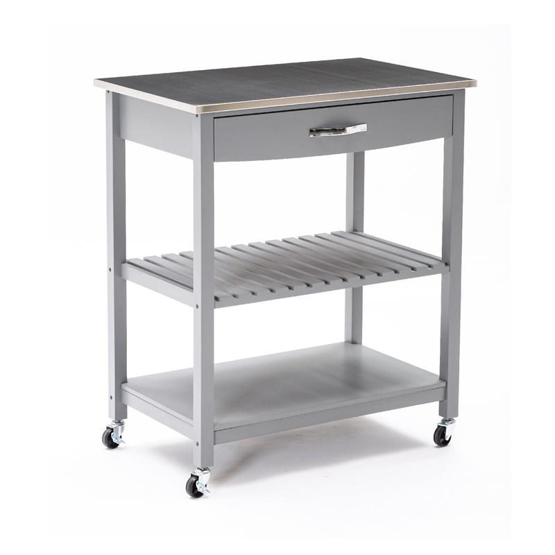 38 Inch 2 Tier Kitchen Cart Island- Shelf- Steel Top- Lock Casters- Gray