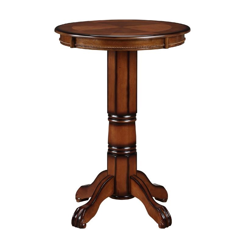 Ava 42 Inch Wood Pub Bar Table  Sunburst Design  Carved Pedestal  Brown