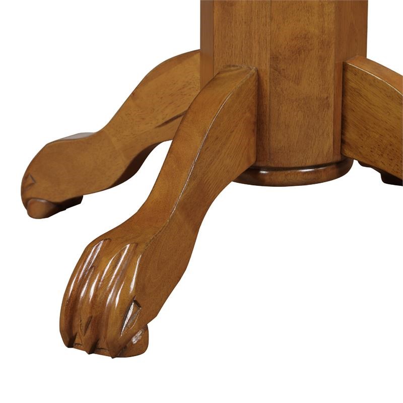 Ava 42 Inch Wood Pub Bar Table  Sunburst Design  Carved Pedestal  Oak