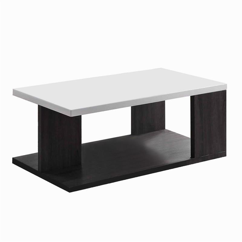 Wooden Coffee Table with Open Shelf  Glossy White and Brown
