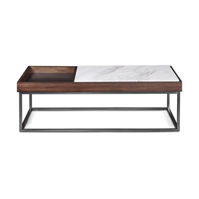 48 Inches Marble Top Coffee Table with Storage Slot  White and Brown