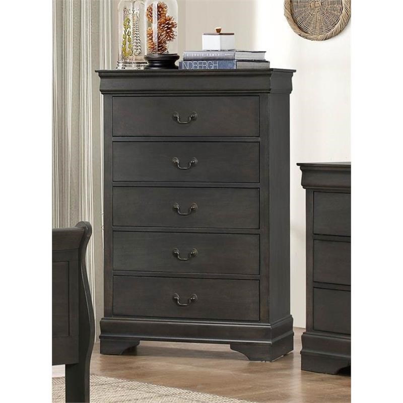 Traditional 5 Drawers Chest In Wood Dark Gray