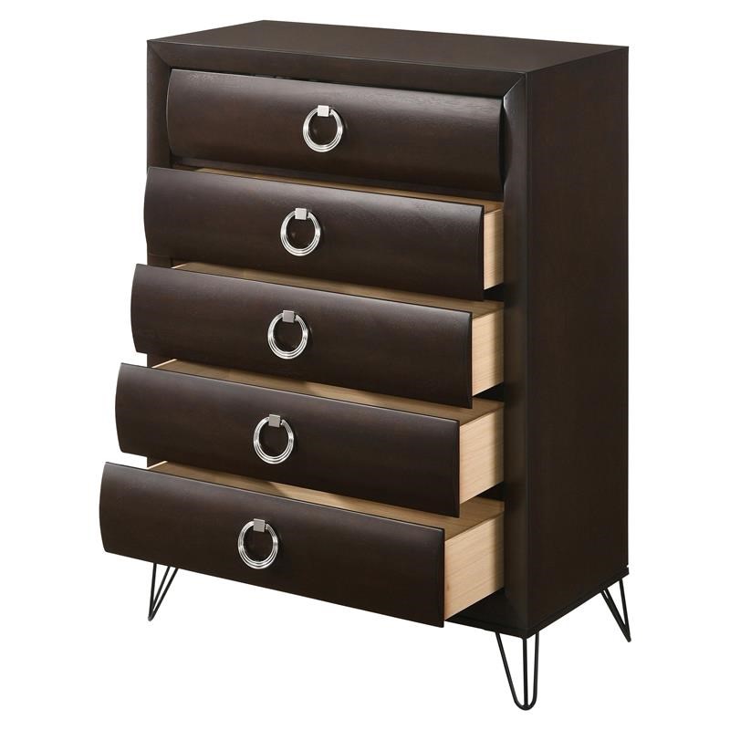 5 Drawer Wooden Chest with Metal Ring Handles and Harpin Legs  Brown