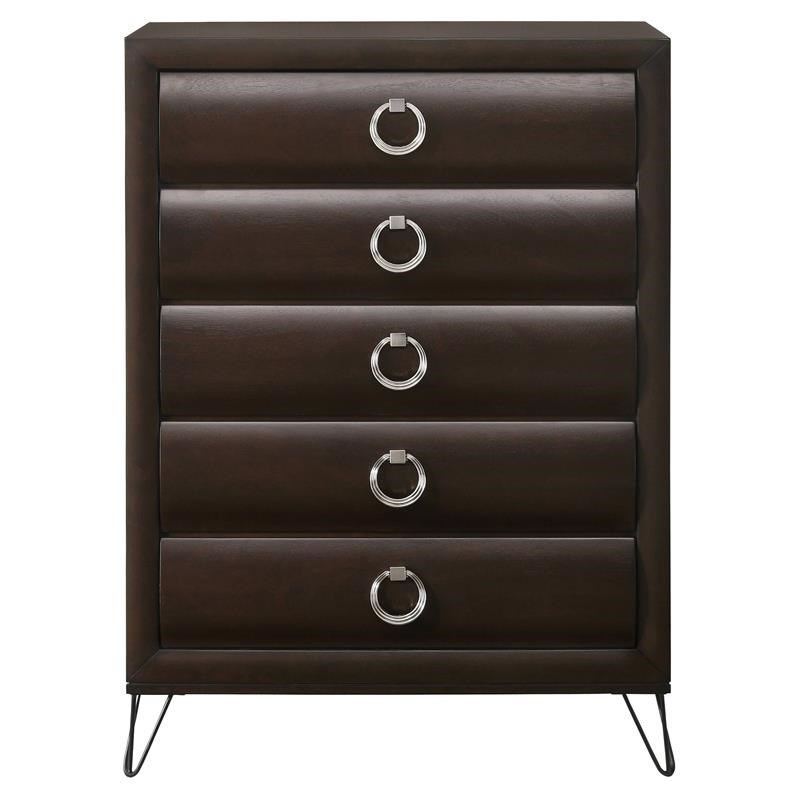 5 Drawer Wooden Chest with Metal Ring Handles and Harpin Legs  Brown
