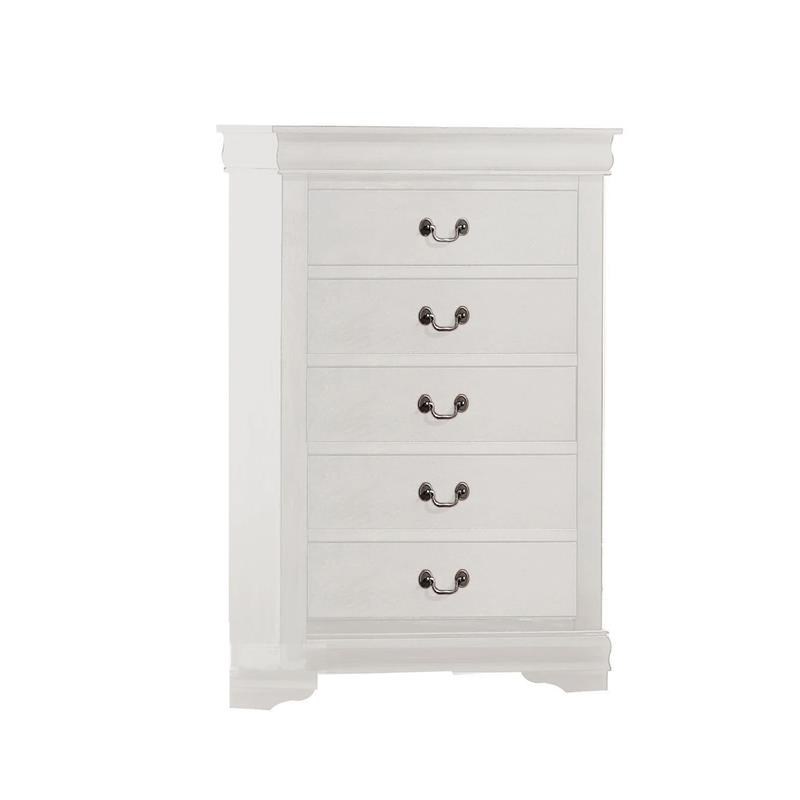 5 Drawer Wooden Chest with Metal Hanging Pulls and Bracket Feet  White