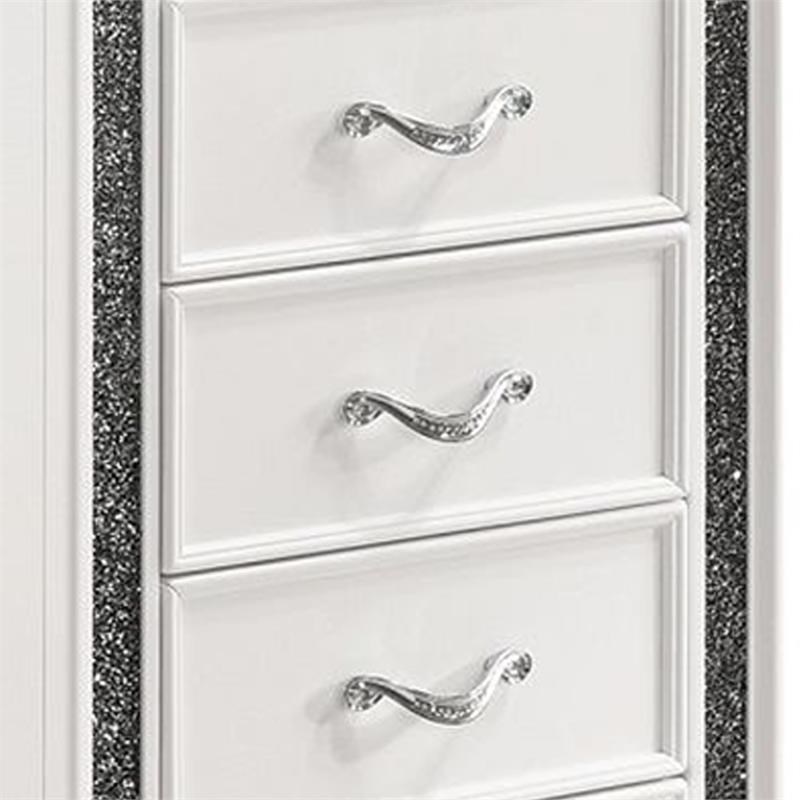 Wooden Chest with Faux Crystal Inlays and 5 Spacious Drawers  White