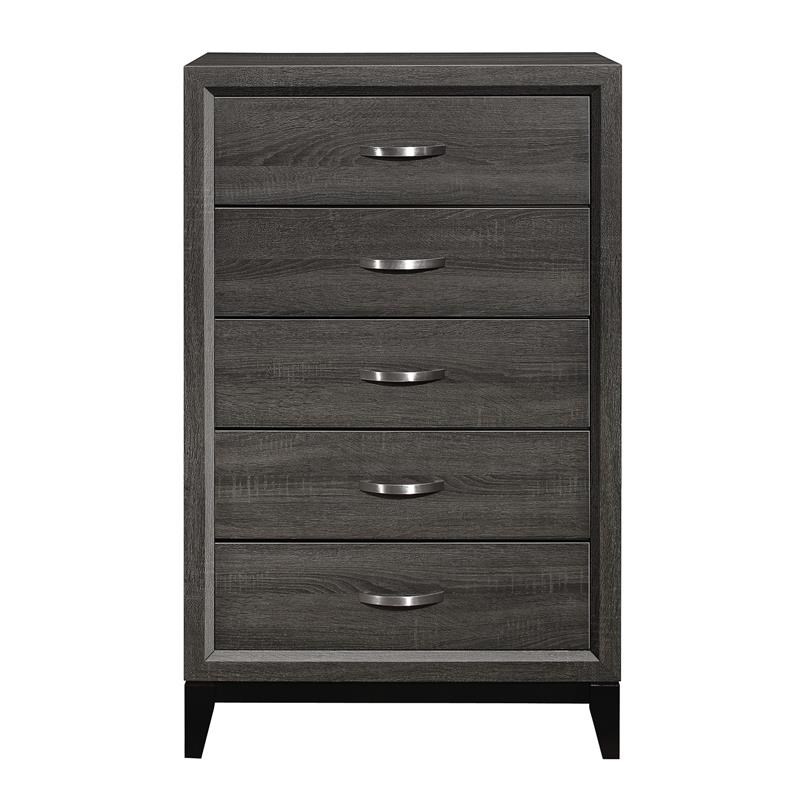 5 Drawer Wooden Chest with Grain Details and Chamfered Feet  Gray