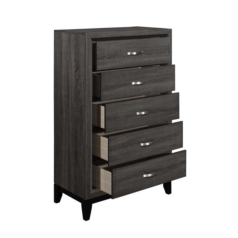 5 Drawer Wooden Chest with Grain Details and Chamfered Feet  Gray