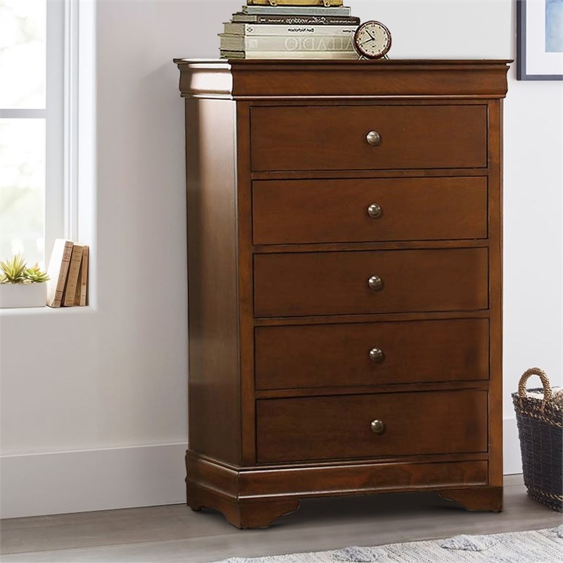 Transitional Style Wooden Chest With 5 Drawers  Cherry Brown