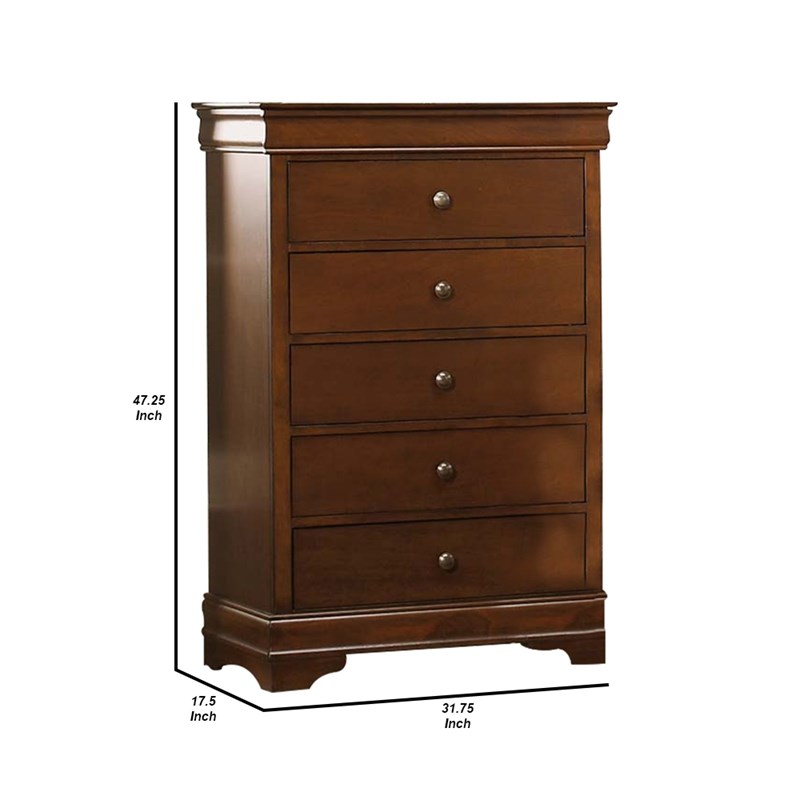 Transitional Style Wooden Chest With 5 Drawers  Cherry Brown