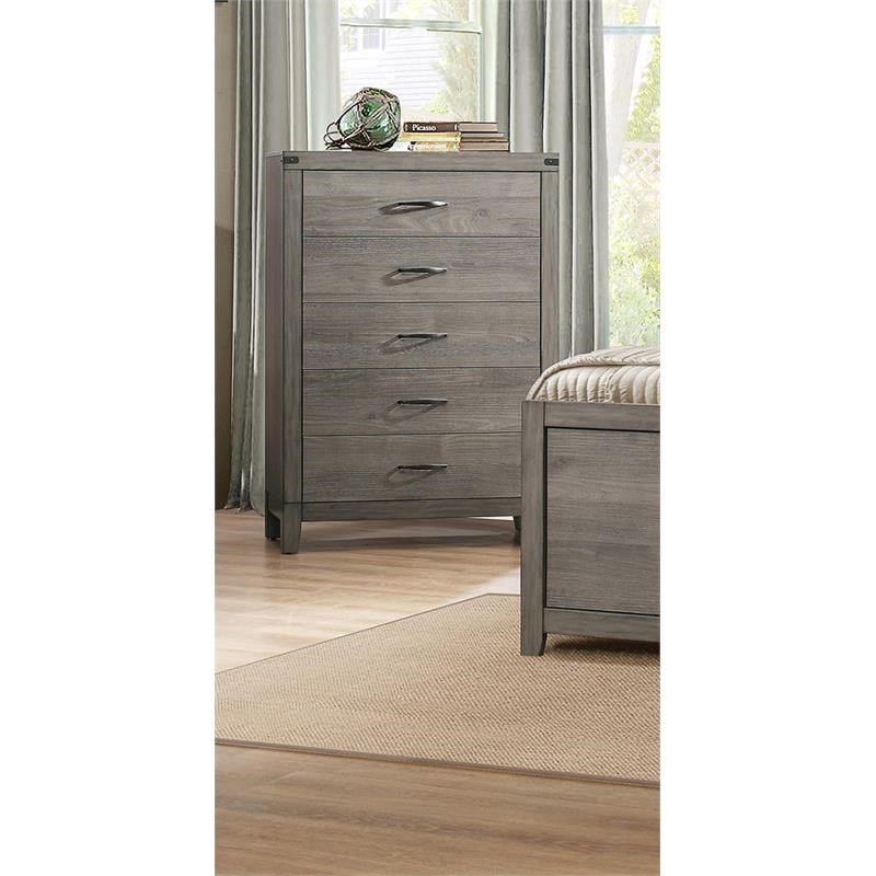 Roomy 5 Drawer Wooden Chest With Metal Handles  Weathered Gray