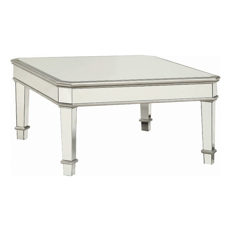 Mirrored Transitional Style Wooden Coffee Table With Beveled Edges  Silver