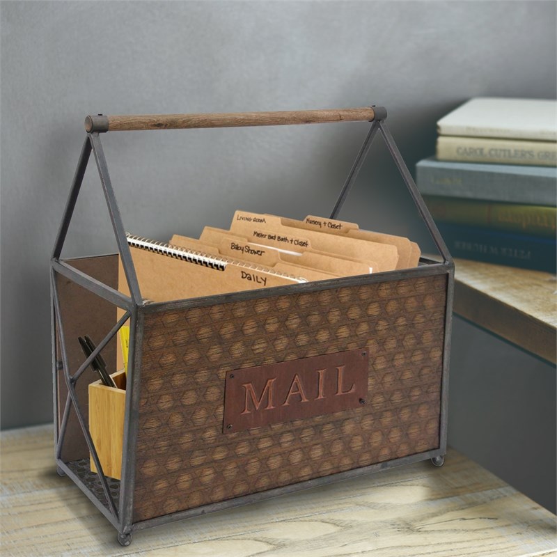 Wood and Metal Frame Basket with Handle and Typography Brown and Gray