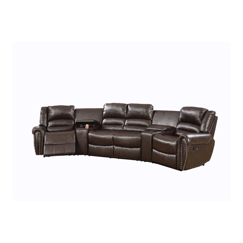 Benjara 5-Piece Modern Bonded Leather Motional Home Theater Sectional in Brown