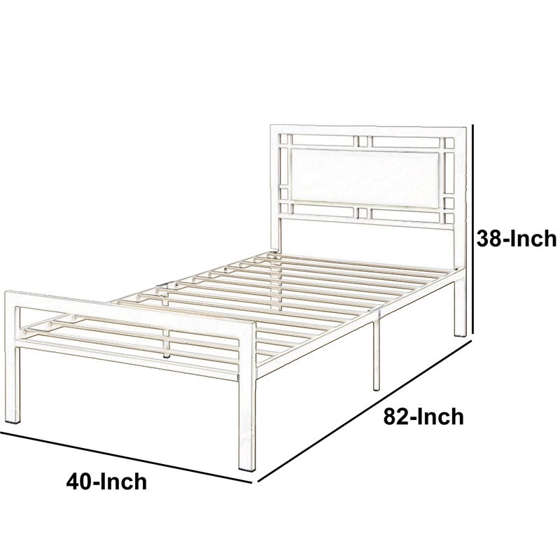 Benjara Transitional Metal Twin Bed with Leather Upholstered Headboard in White