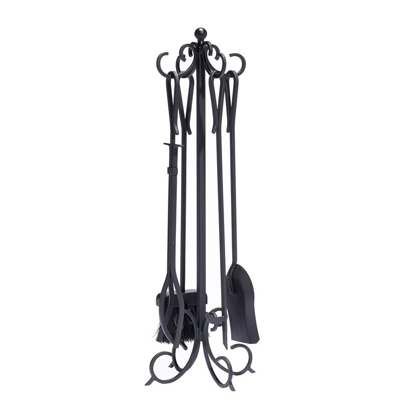 Pleasant Hearth 5-piece Transitional Metal Scroll Fireplace Toolset in Black