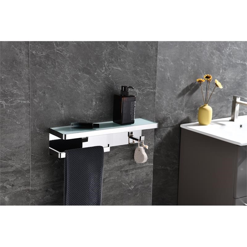 Lexora Home Bagno Bianca Stainless Steel Shelf with Bar and Hook in Chrome