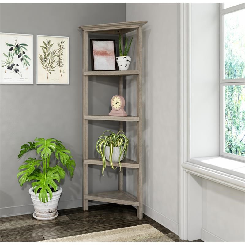 New Ridge Home Goods 4-tier Corner Traditional Wooden Bookcase in Washed Gray