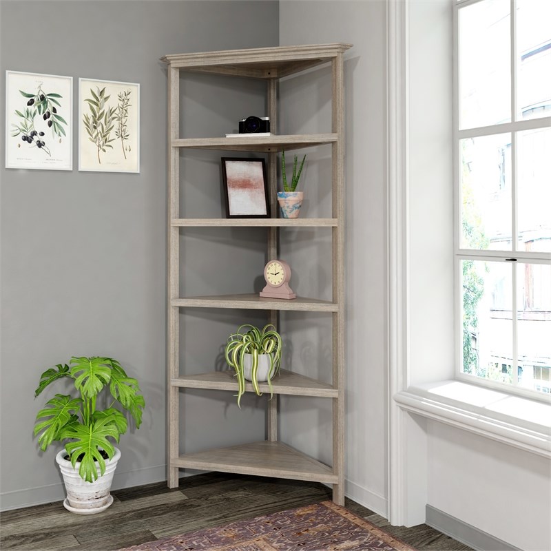 NewRidge 5-Tier Corner Wooden Bookcase Washed Grey