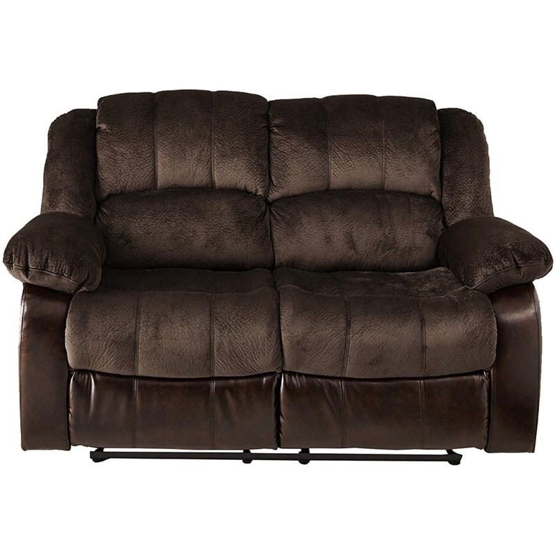 Nathaniel Home Aiden Fabric Faux Leather Upholstered Reclining Loveseat in Brown