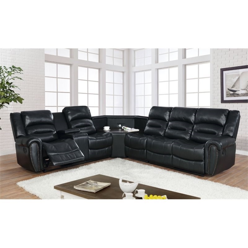 Nathaniel Home Amelia Leather Reclining Corner Sectional in Black