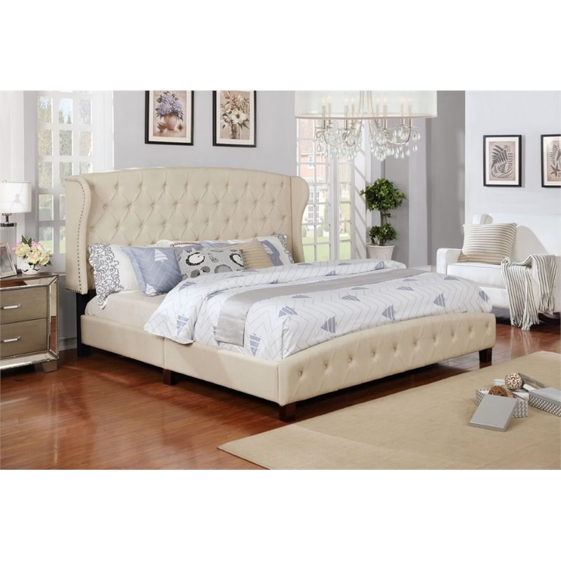 Nathaniel Home Jayce Fabric Button Tufted Queen Shelter Panel Bed in Beige