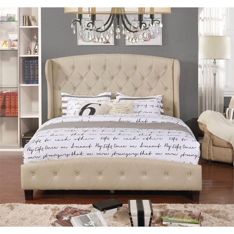 Nathaniel Home Jayce Fabric Button Tufted Queen Shelter Panel Bed in Beige