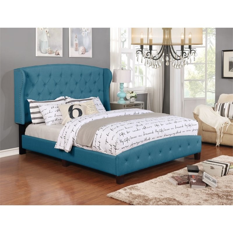 Nathaniel Home Jayce Fabric Button Tufted Queen Shelter Panel Bed in Blue
