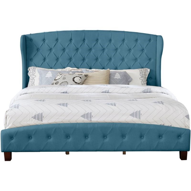 Nathaniel Home Jayce Fabric Button Tufted Queen Shelter Panel Bed in Blue