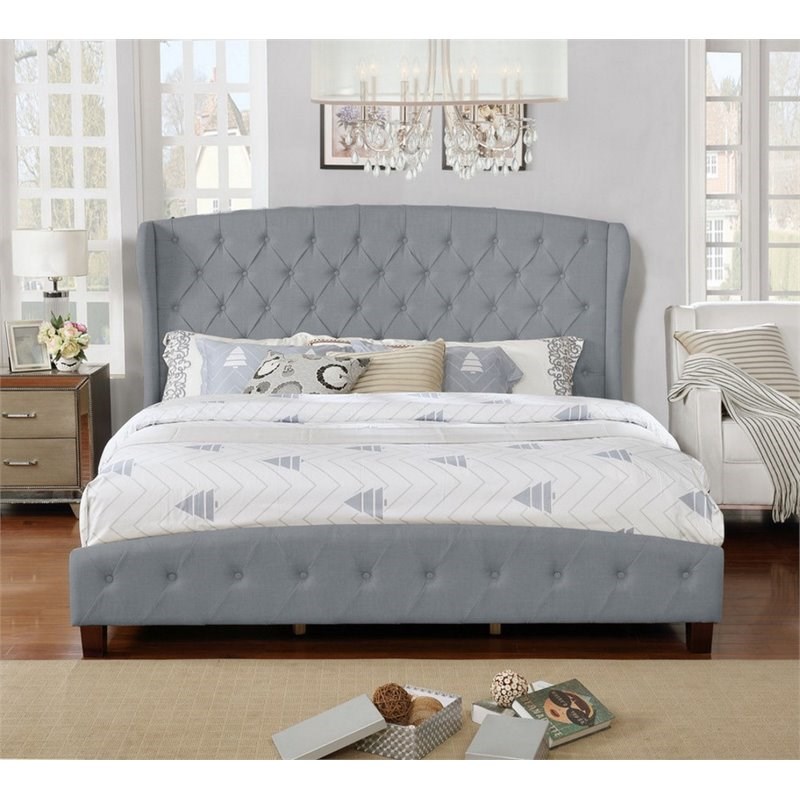 Nathaniel Home Jayce Fabric Button Tufted Queen Shelter Panel Bed in Gray