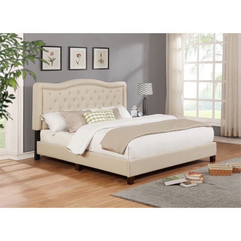 Nathaniel Home Angelina Fabric Upholstered Nailhead Queen Panel Bed in Beige