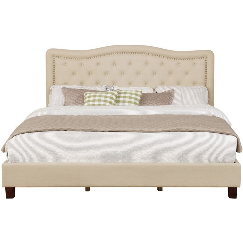Nathaniel Home Angelina Fabric Upholstered Nailhead Queen Panel Bed in Beige